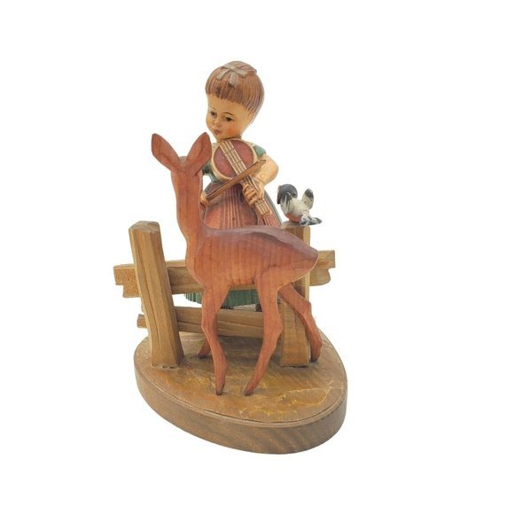 Vintage ANRI Thorens Carved Girl & Deer Wood Figurine Italy Hand Made‎ Darling - Picture 4 of 8
